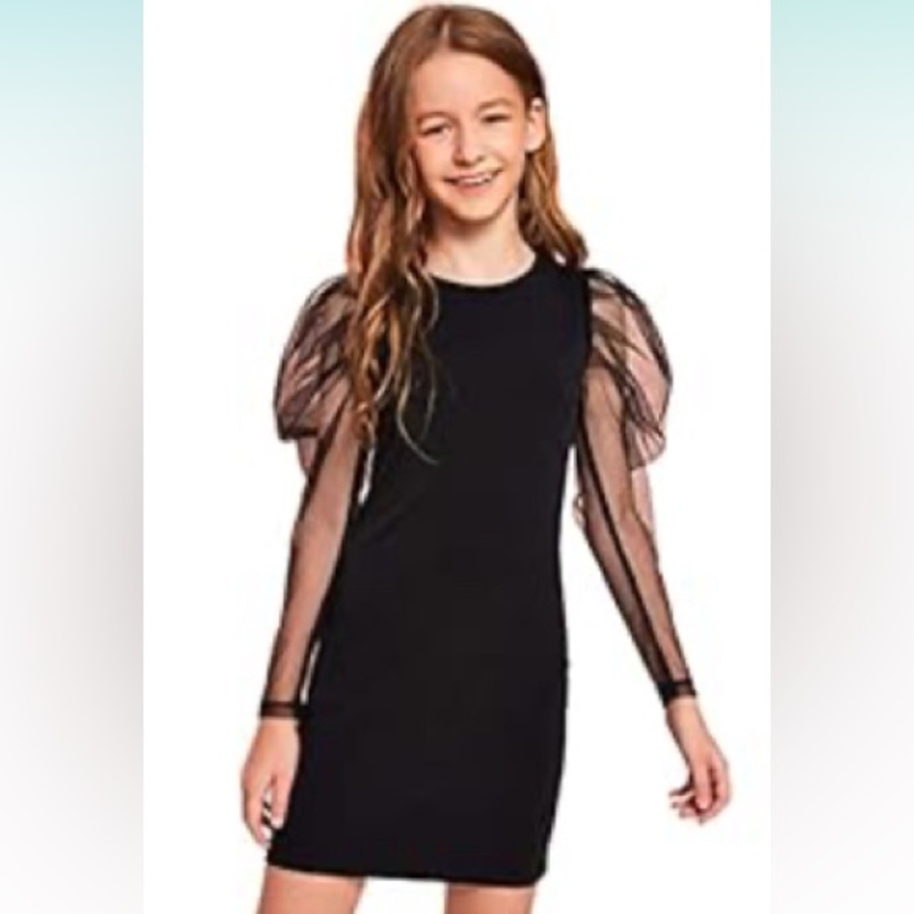 WDIRARA Girl's Sheer Mesh Puff Long Sleeve Round Neck Bodycon Mini Dress, Size12